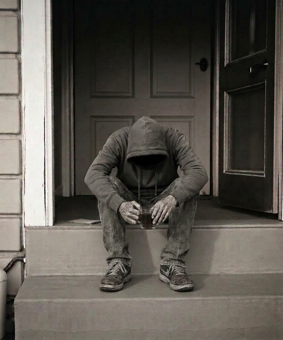 Iemand op een drempel met een kop thee